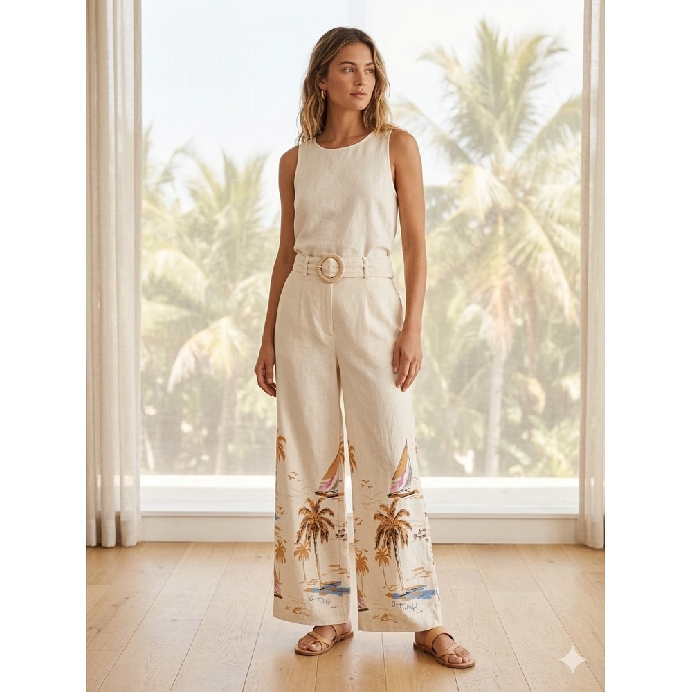 Marfinno Tropical Palm‎ Tree Sailboat Linen Blend Wide Leg Belted Pants Cream 40